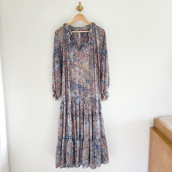 Free People Feeling Groovy Tiered Bell Sleeve Floral Casual Maxi Dress Blue S - Picture 4 of 12